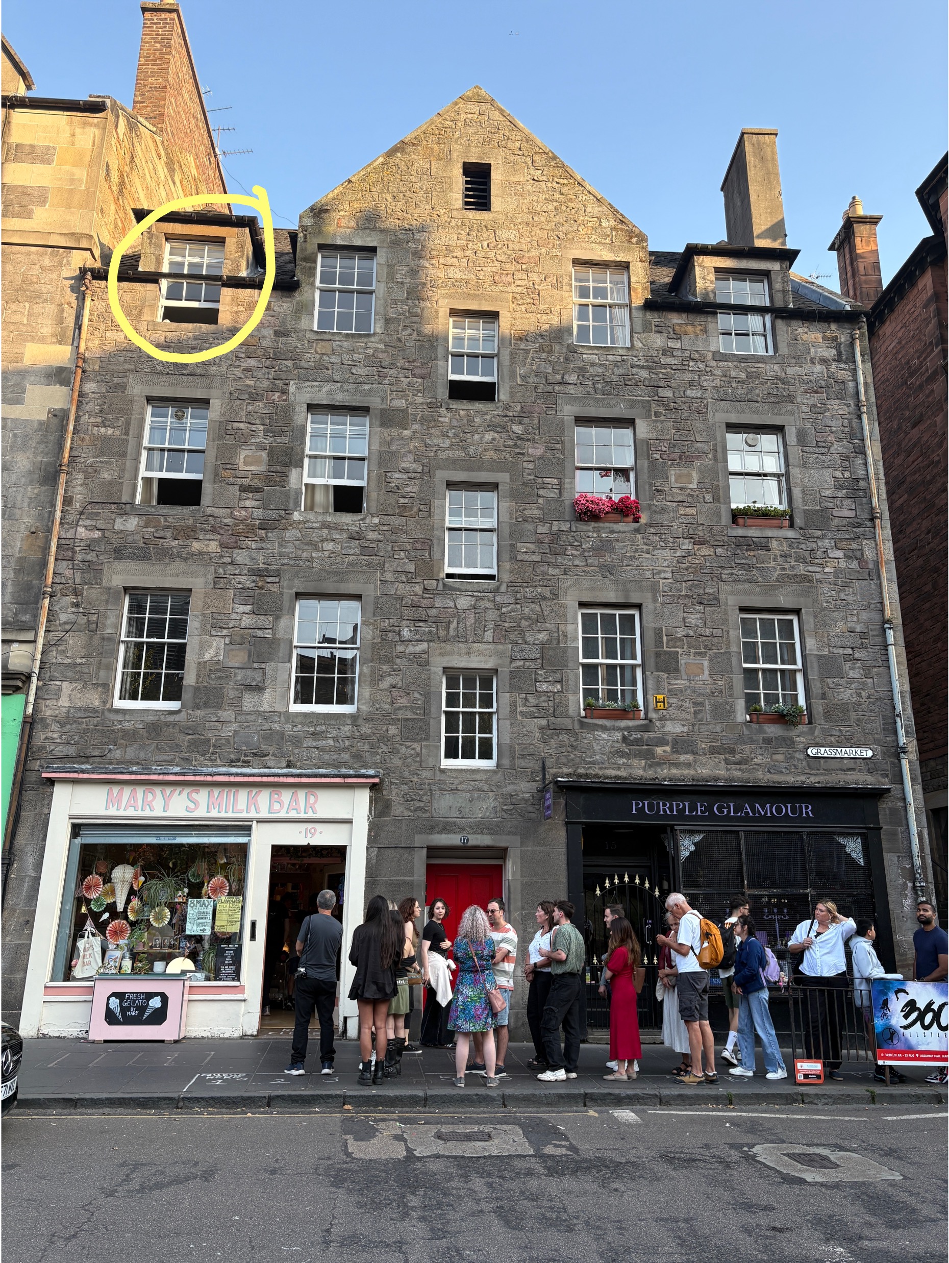 Our AirBnB in Grassmarket with the ever-popular Mary's Milk Bar ice cream shop below. That's our room circled in yellow